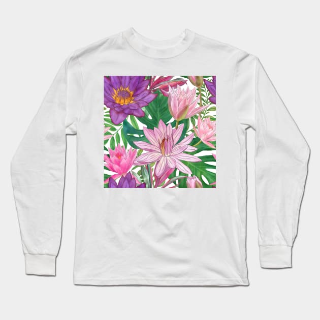 Waterlily, Monstera leaves watercolor tropical illustration. Exotic summer floral print. Colorful summer jungle Long Sleeve T-Shirt by likapix